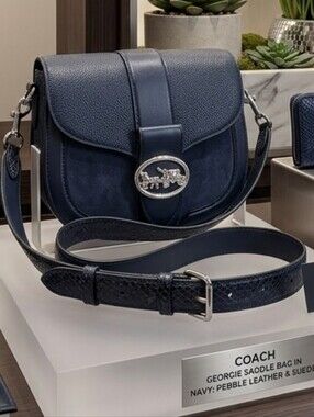 Coach Georgie Saddle Navy Blue Pebbled Leather Suede Crossbody Shoulder Bag